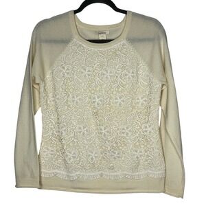 Sundance‎ Womens Merino Wool Lace Sweater Boho Quiet Luxury Coastal Hamptons
